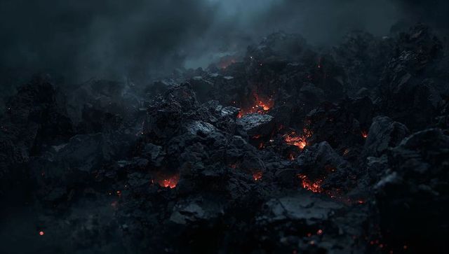 Volcanic field revealing jagged rocks and glowing lava fissures