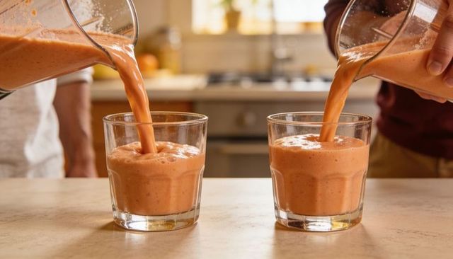 Pouring strawberry-banana smoothies into glasses on kitchen counter