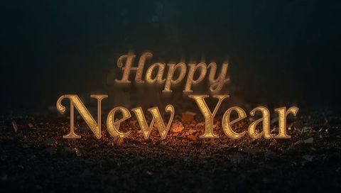 Glowing Gold 3D Happy New Year Lettering with Embers, Sparkle and Dark Bokeh