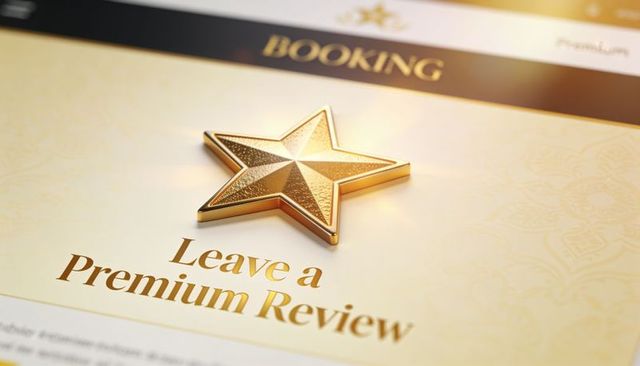 Golden five-star rating concept with shiny metallic star above premium booking review