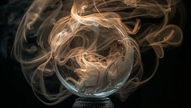 Mystical glass sphere with golden smoke twirls and suspended flecks
