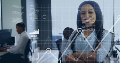 Businesswoman in Modern Office with Data Analytics Interface