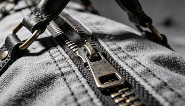 Glistening metal zipper sliding on wet canvas backpack with leather strap and d-ring