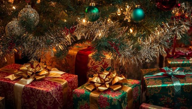Festive holiday gifts under christmas tree with tinsel and lights