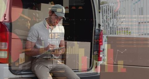 Digital analytics overlaid on delivery professional organizing packages