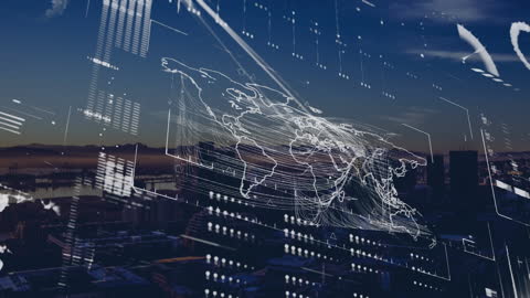 Digital Overlay of Global Data Network Over Cityscape