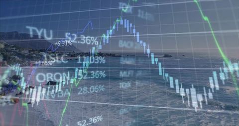 Overlaying stock market charts across coastal beach scene with candlestick graph