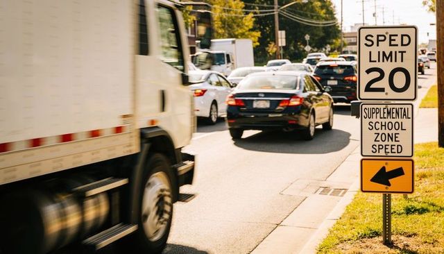 School zone 20 mph sign with passing truck and congested suburban rush hour traffic
