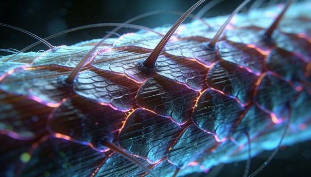 Neon-illuminated hair fiber macro revealing cuticle scales, emerging hairs and iridescent texture