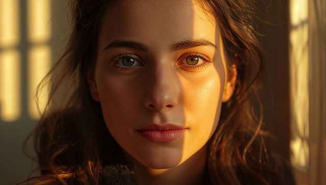 Sunlit woman with golden stripe across face, closeup headshot, warm window light