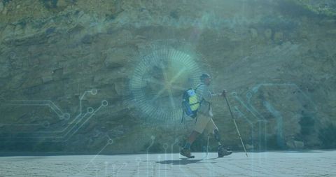 Man with Prosthetic Leg Hiking on Rocky Trail with Tech Overlay