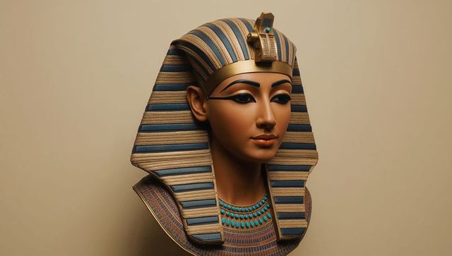 Regal pharaoh bust with gleaming blue-gold nemes display