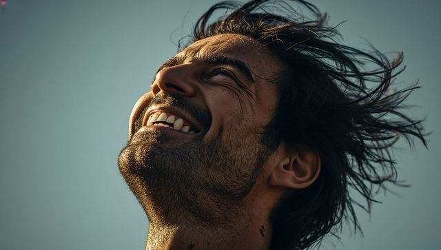 Sunlit joyful man with windswept hair and stubble looking up at blue sky