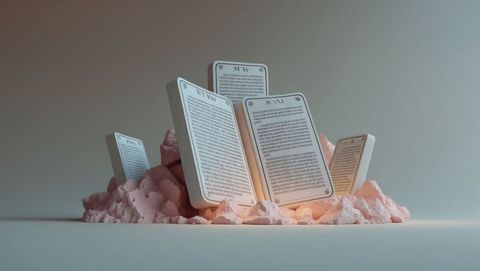 Modern minimalist sculpture of text cards emerging from textured pink mound