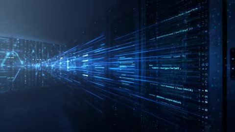 Futuristic Data Center Corridor with Blue Digital Streams