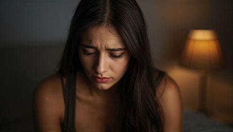 Young woman gazing downward in moody amber bedroom glow, intimate emotional portrait