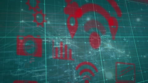 Abstract Digital Network Interface with Red Technology Icons