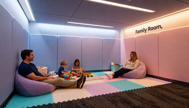 Family relaxing on beanbags while children playing on pastel foam mats in cozy playroom