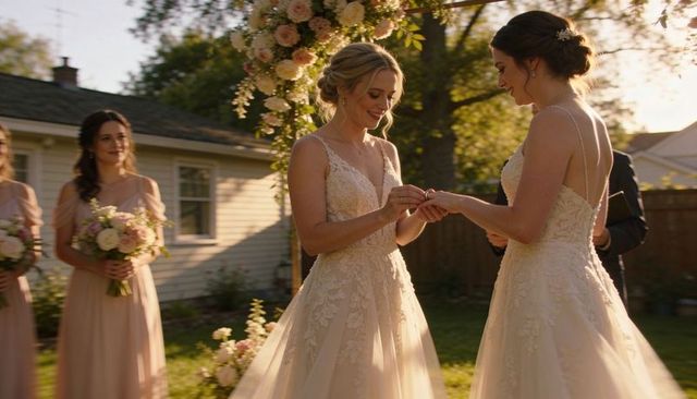 Two brides exchanging rings under floral arch during golden hour backyard wedding ceremony