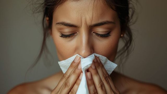 Woman pressing tissue to nose with display of discomfort