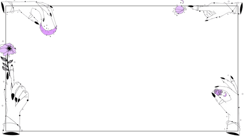 Mystical white hands holding purple cosmic flowers transparent art