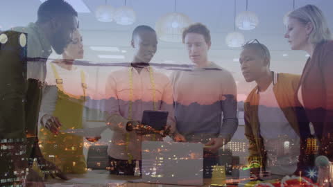 Collaborative Team Analyzing Data with Digital Overlay of Cityscape