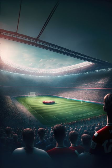 Football stadium with lights and supporters created using generative ai technology. Sport and competition concept.
