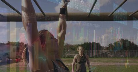 Woman Training on Monkey Bars Focusing on Strength and Endurance Outdoors