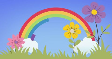 Colorful flowers and rainbow with clean blue sky