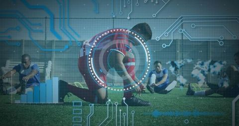 Soccer Player Tying Shoes with Digital Interface Overlay
