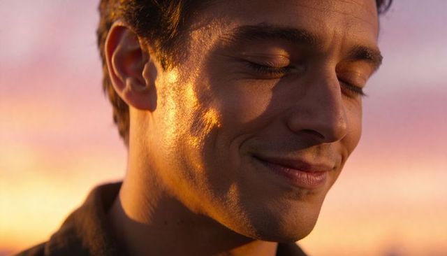 Sunlit smiling man closing eyes at golden hour headshot with serene relaxed expression