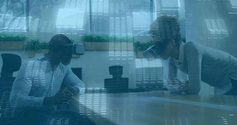 Colleagues Collaborating with VR Headsets in Futuristic Conference Room