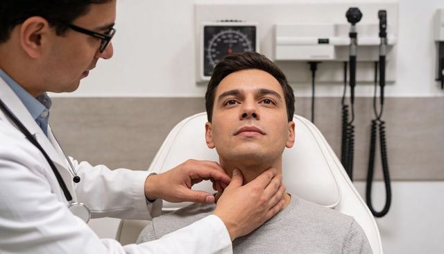 Physician palpating male neck during routine clinic checkup with stethoscope and diagnostic exam