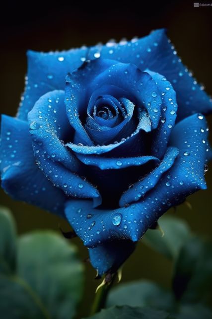 A vibrant blue rose glistens with water droplets. Its petals exhibit a rich color and delicate texture, symbolizing mystery in floral language.