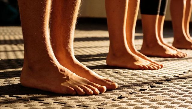 Bare feet standing on checkered mat casting warm shadows for fitness balance