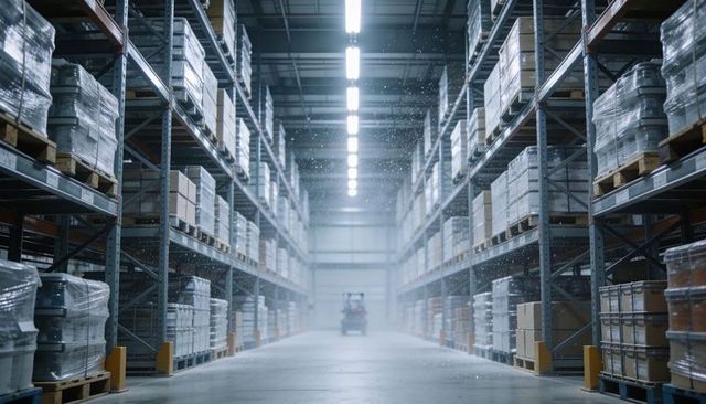 Operating forklift in high-bay warehouse aisle with pallet racking and industrial lighting