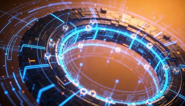 Rotating Neon Circuit Ring with Holographic HUD Overlays for Futuristic Tech Design