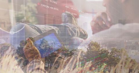 Urban Relaxation with Digital Tablet and Stock Market Overlay