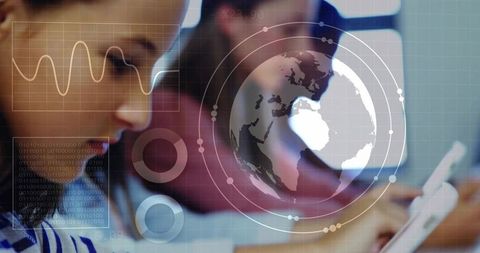 Teen girl studying with tablet at classroom desk, digital hud globe and learning overlays