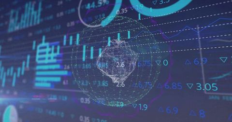 Holographic wireframe globe rotating over futuristic financial trading dashboard