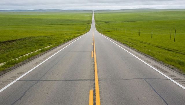 Endless centered highway running through green plains under overcast sky