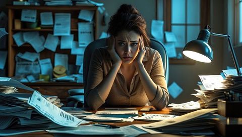 Office worker overwhelmed by endless paperwork during late night amid financial struggles