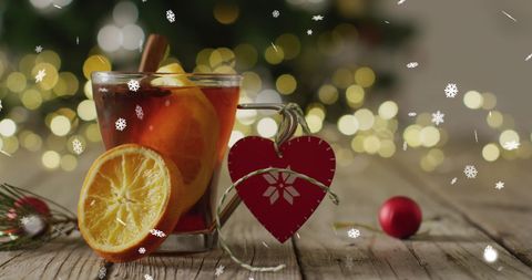 Festive Christmas Drink with Bokeh Lights and Decorations