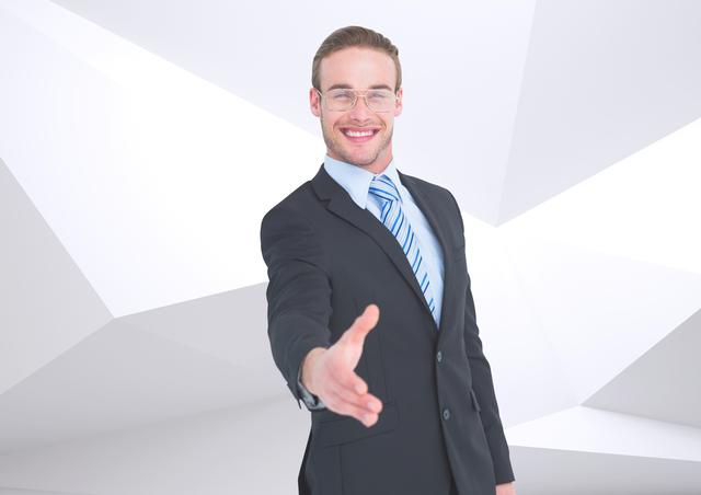 Digital composition of smiling businessman offering his hand for a handshake against white grey background