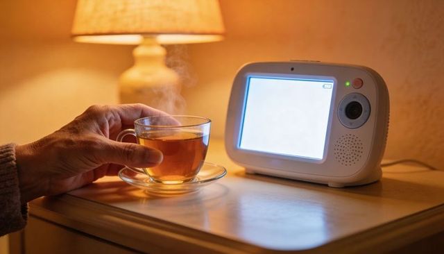 Elderly hand reaching for steaming tea cup on nightstand with baby monitor and warm lamp light