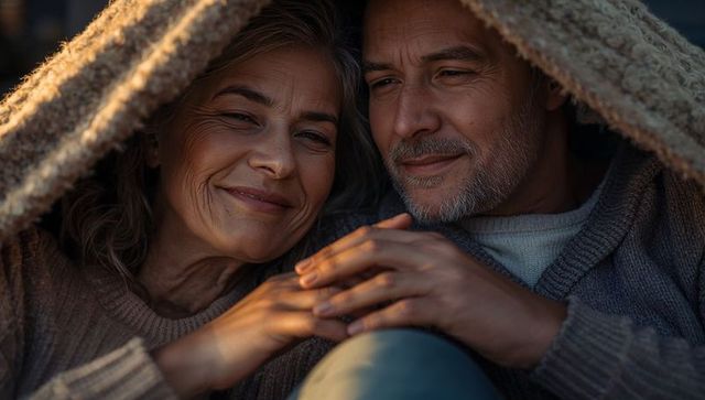 Senior couple cuddling under knitted blanket, sharing tender warmth and companionship