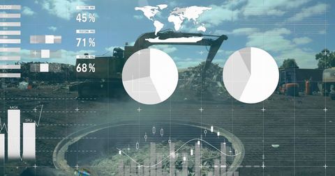 Cranes Lifting Scrap in Busy Industrial scrapyard with Data overlays