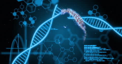 Futuristic Digital DNA Strand Visualization with Data Processing
