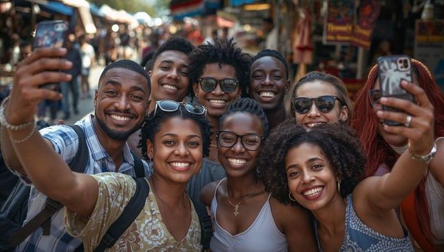 Diverse Group of Friends Taking Selfie at Street Market