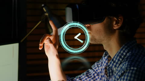 VR Headset Businessman Interacting with Digital Clock Interface